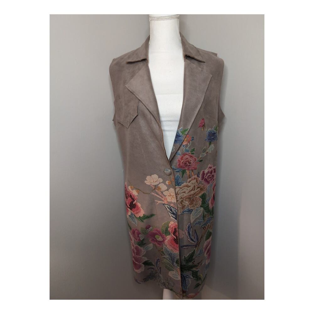 Solitaire Floral Faux Suede Longline Vest Large Romantic Boho